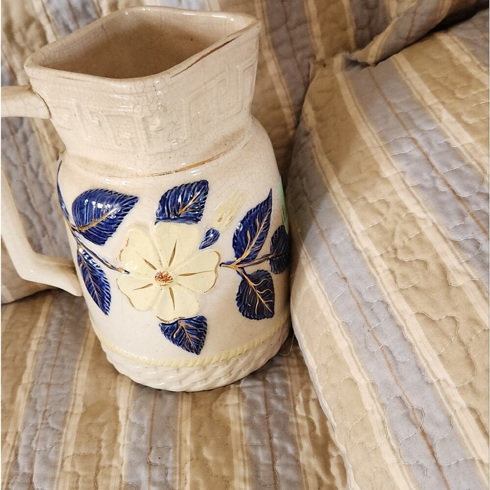 Antique Majolica Pitcher with Cobalt blue White Gold Flowers Leaves